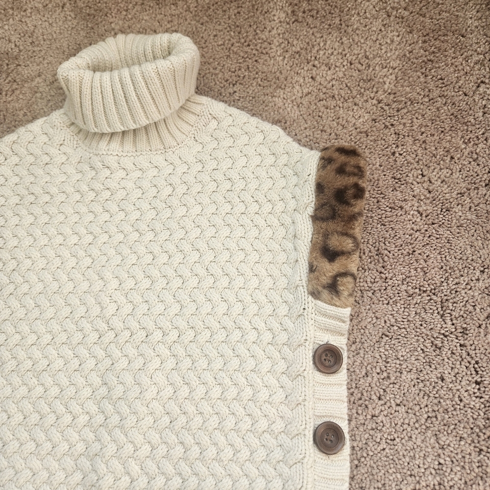Aspen Kids Girls Turtleneck Poncho Cream Sweater Beige Cream Faux Fur Youth 4T